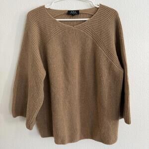 A.P.C. 100% Camel Hair Italian Yarn Luxury Tan V Neck Sweater Size Small